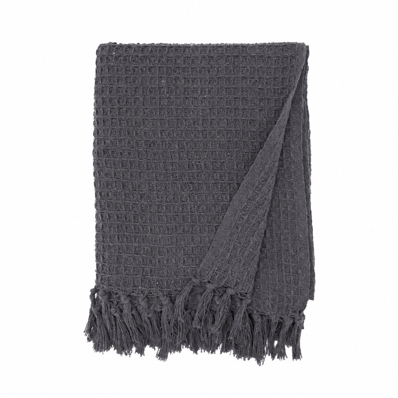 Jeté en coton avec pompons Waffle, Gris