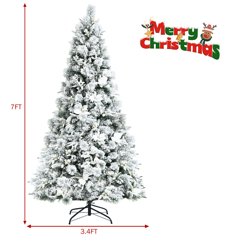 7-Foot Snow Flocked Pine Christmas Tree with White Berries and Flowers
