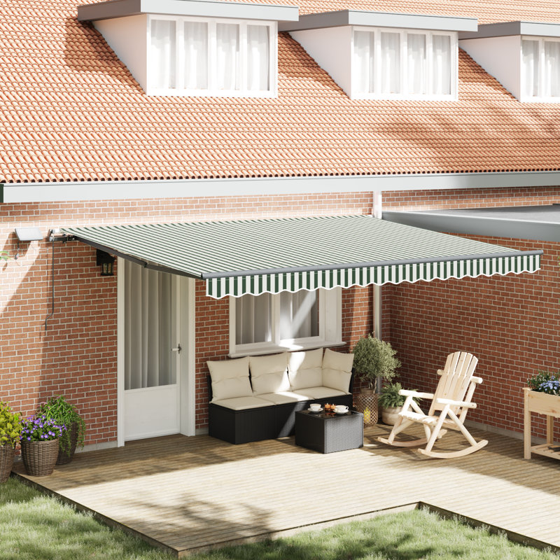 Brayden Studio Retractable Patio Awning, Green/White Striped, 450 cm W x 300 cm D