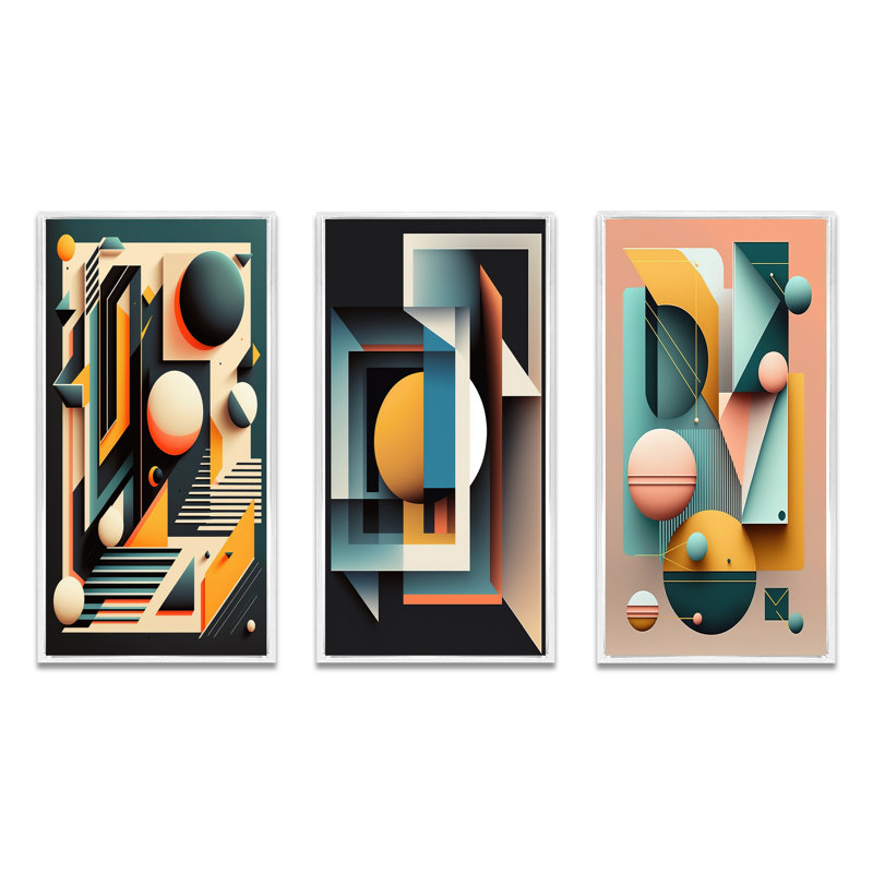 «Retro Elementary Geometrics», 3 pièces sur toile, Cadre flottant blanc, H 28 po x l 36 po