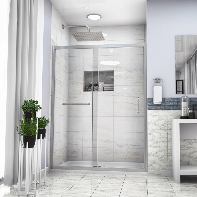 Shower Door 48" W X 72"H Single Sliding Shower Enclosure, 1/4" (6Mm), Brushed Silver