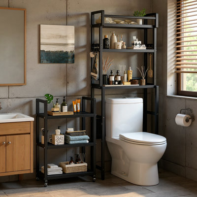 Rangement au-dessus de la toilette, organisateur de salle de bain à 3 niveaux avec chariot de rangement supplémentaire et crochets latéraux, tablettes de salle de bain autoportantes 11 x 24 x 66,7 pouces