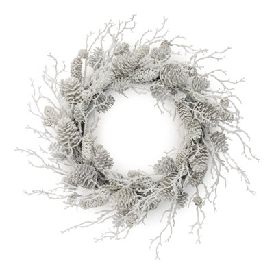 Flocked Pine Cone and Twig Wreath 24"D