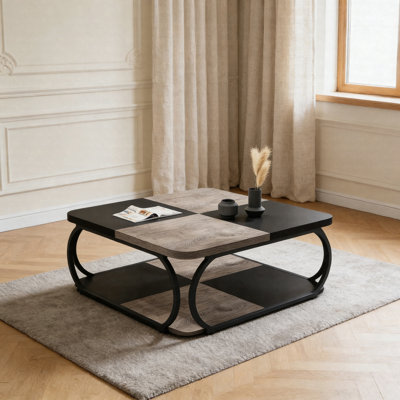 Table basse carrée 39 po, table basse centrale à 2 niveaux avec tablette de rangement