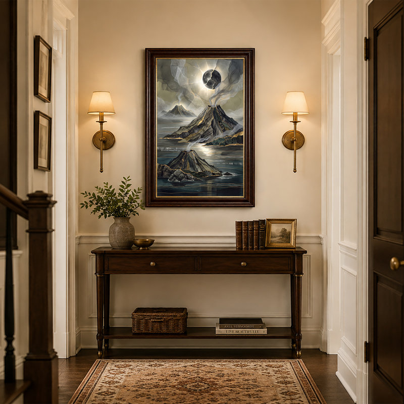 Dark Volcanoes with Gold Leaf Accents and Cracked Moon Canvas Wall Art, 24"H x 16"W