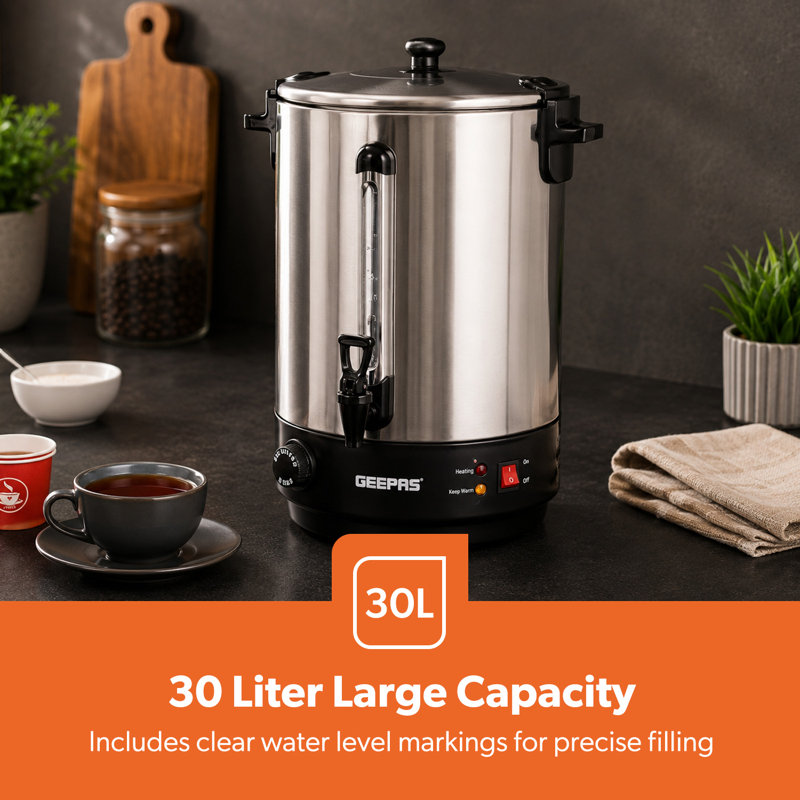 GEEPAS Electric Catering Urn, Instant Hot Water Boiler Dispenser - Tea Urn Kettle Home Brewing Commercial or Office Use with Keep Warm- Easy Pour Tap, Stainless Steel – 2 Year Warranty