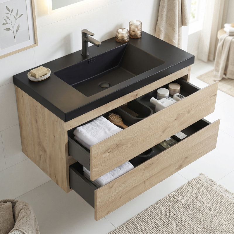Meuble-lavabo mural simple 36 po avec plateau en marbre de culture intégré, Chêne, 36“