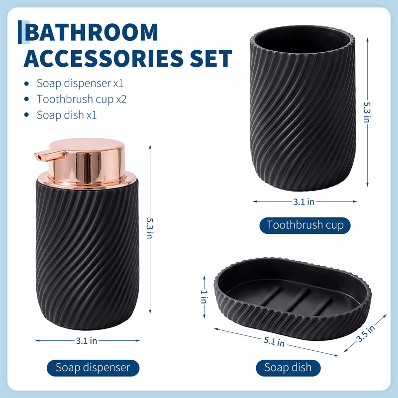 Ensemble de 4 accessoires de salle de bain en plastique noir – Trousse de toilette moderne avec distributeur de savon or rose, 2 porte-brosses à dents et porte-savon