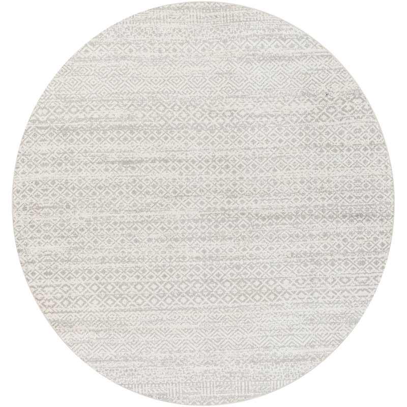 Swampscott Machine Washable Geometric Grey/Light Grey Area Rug, Round 6'7"