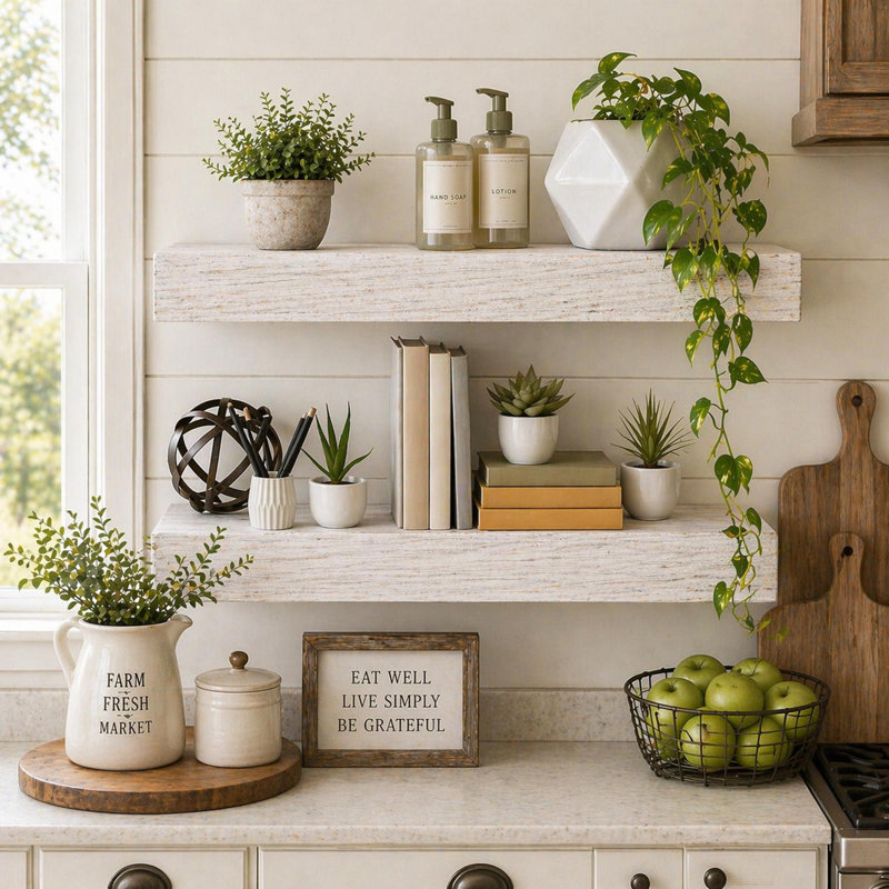 Fenimore Rustic Whitewashed Distressed Floating Wall Shelf, 3" H x 36" W x 8" D