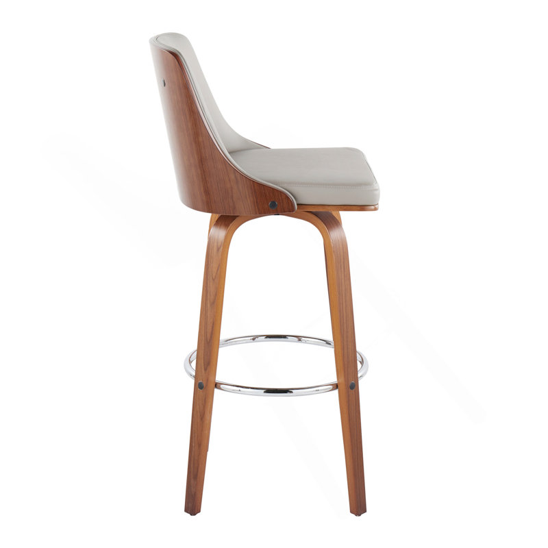 Gianna Mid-Century Modern Fixed-Height Barstool With Swivel In Walnut Wood And Light Grey Faux Leather With Round Chrome Metal Footrest By Lumisource - Set Of 2