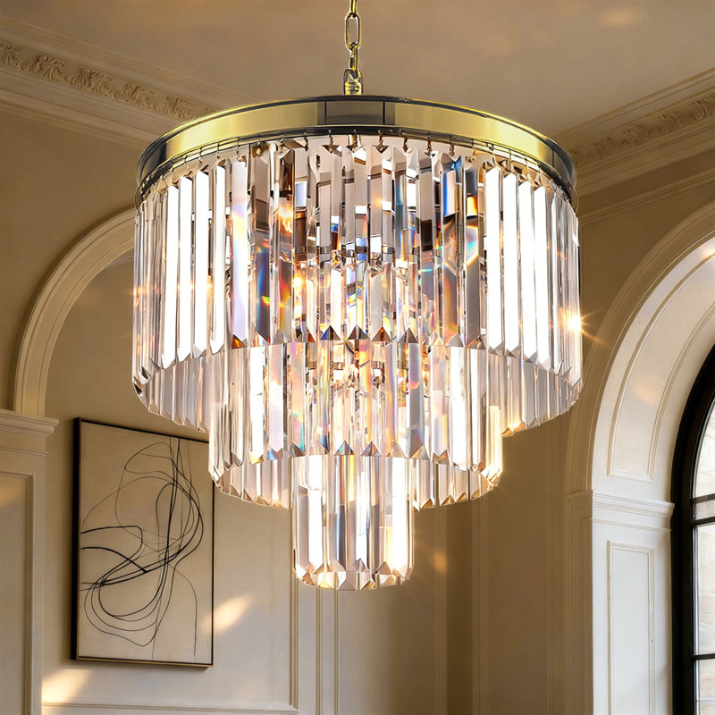 Lustre unique à 7 niveaux avec accents de cristal Hallum (19,7 po), Laiton vieilli
