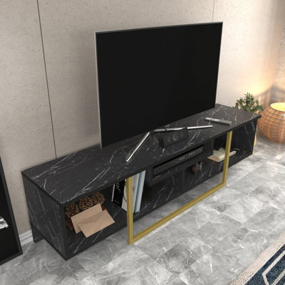 Meuble télé moderne avec finition noire et dorée, 59,1 po x 13,9 po x 15,7 po | 100% panneau de particules enduit de mélamine, épaisseur: 0,7 pouce | Design glamour en marbre, parfait pour le salon et les espaces de divertissement