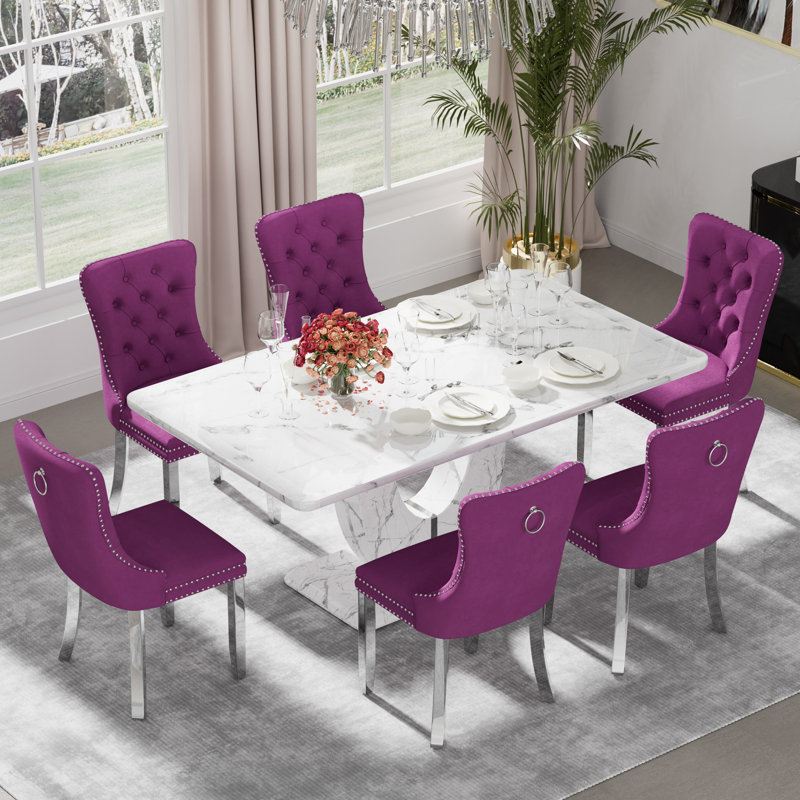 Rectangle Marble Texture Dining Table Set, Beige, 7, Black