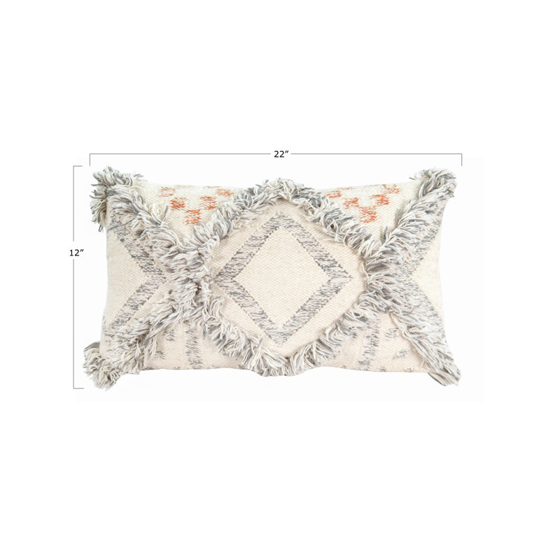 Cream and Gray Wool Kilim Pillow with Fringe Accents