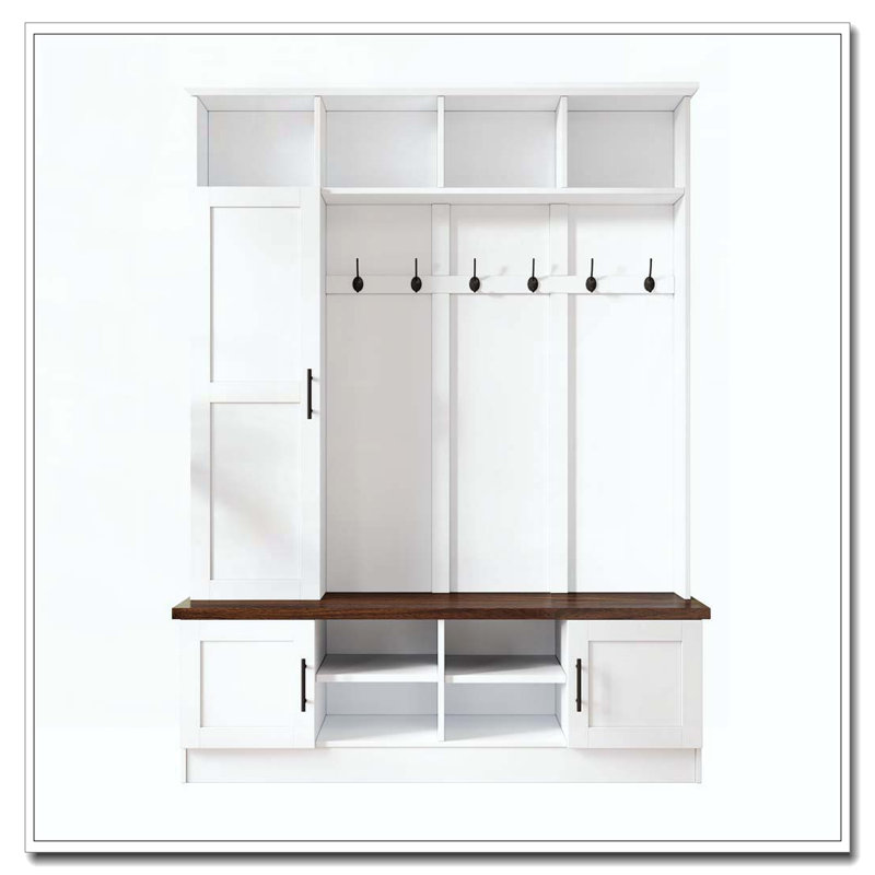 3-in-1 Hall Tree with 6 Hooks, Farmhouse Walnut Storage Bench with Adjustable Shelves, White