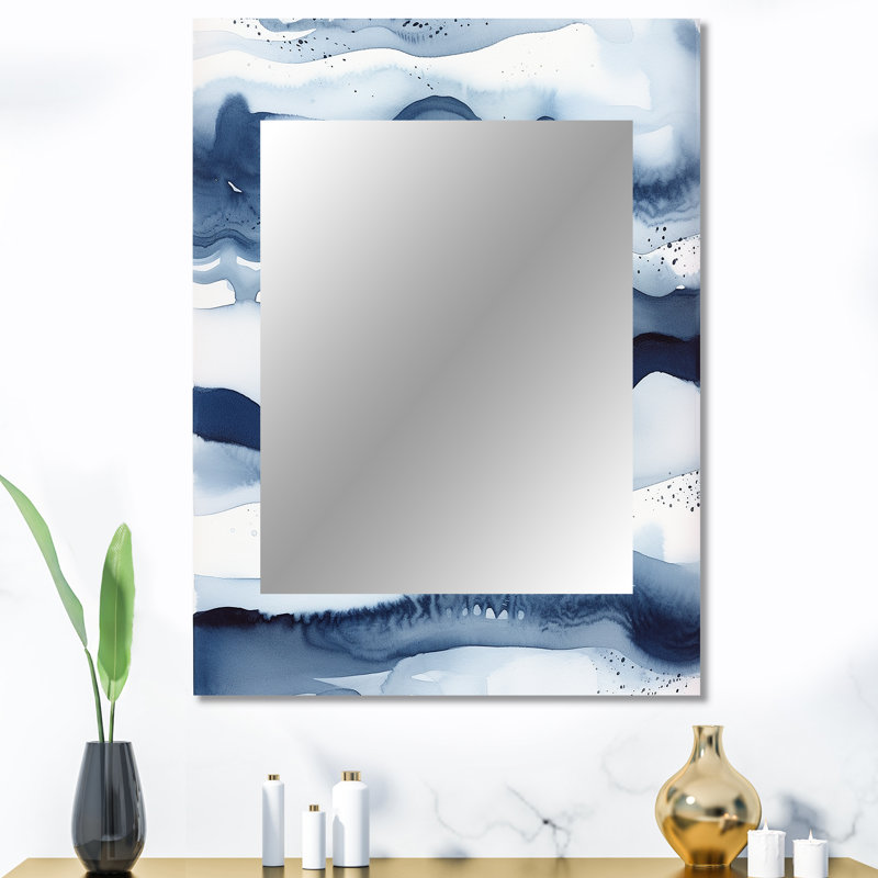Abstrait classique vagues bleues III - grand miroir fractal, décor de miroir mural unique et moderne, impression d'art en métal