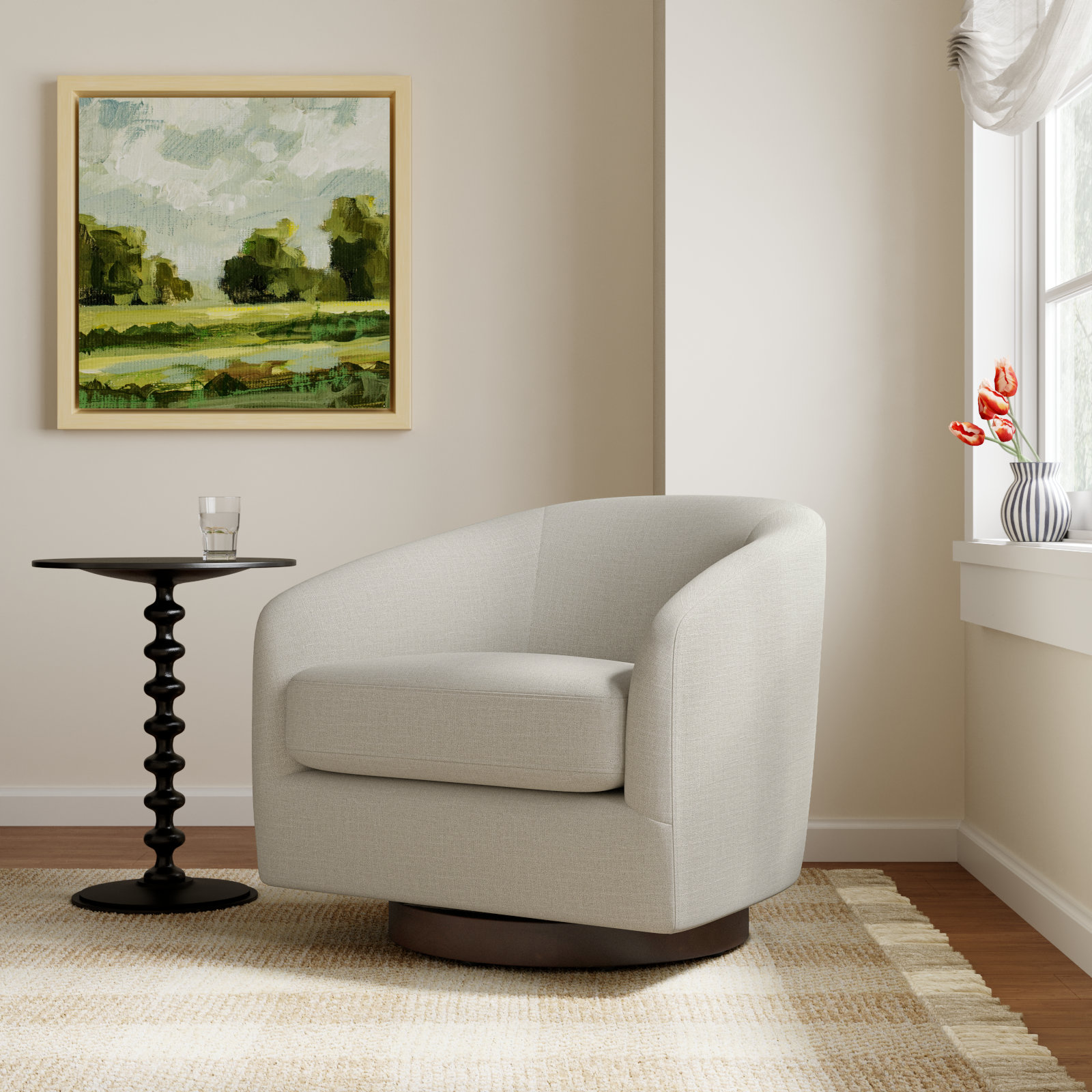 Bennett Upholstered Swivel Barrel Chair, Effie Linen Performance Linen