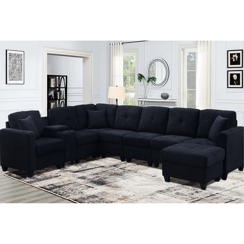 Ensemble de 7 fauteuils modulaires en microfibre bleu foncé avec coussins hauts et deux porte-gobelets pour plus de stabilité et de velours