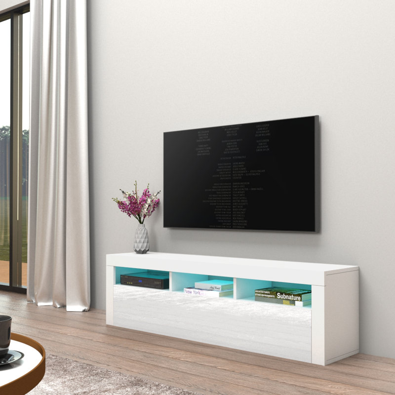 Vesperina Modern TV Stand with 16-Color LED Lighting, High Gloss Finish, White
