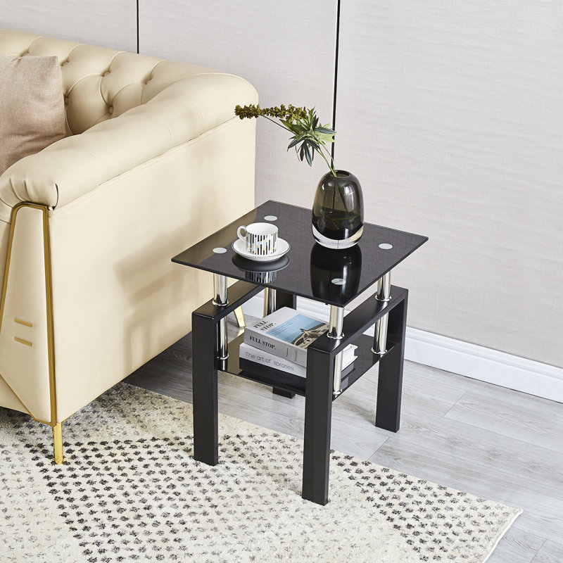 Table de bout avec rangement en verre trempé 2 couches