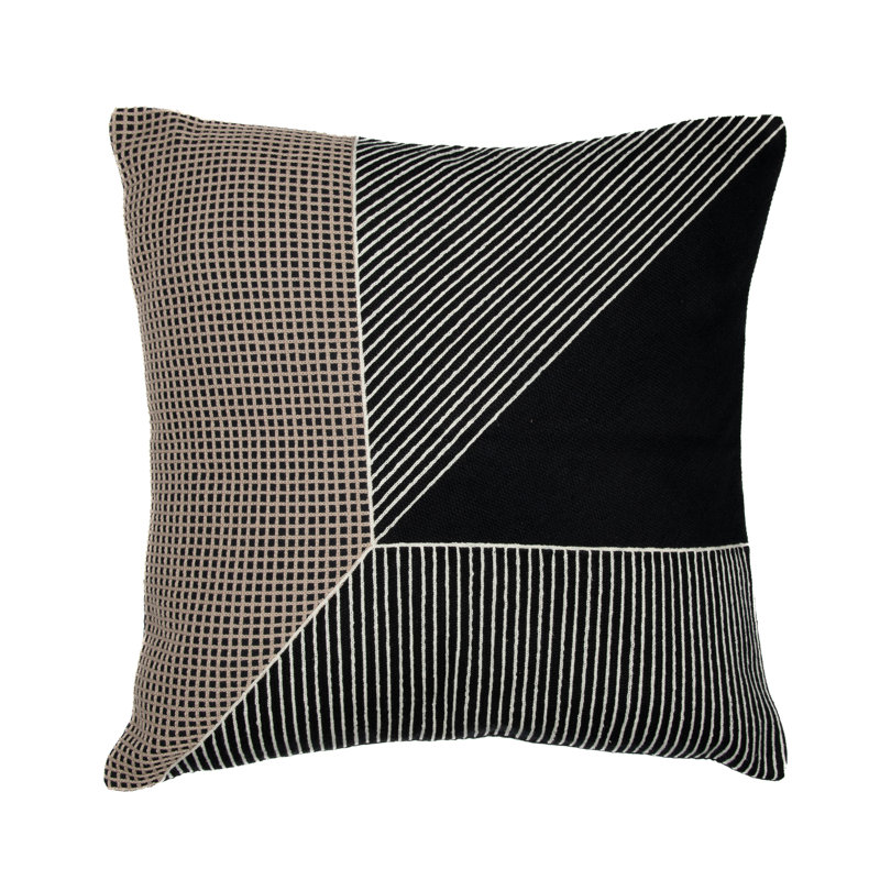 Housse de coussin en coton brodé, 20 po x 20 po, Noir / blanc, Housse de coussin seulement - sans coussin