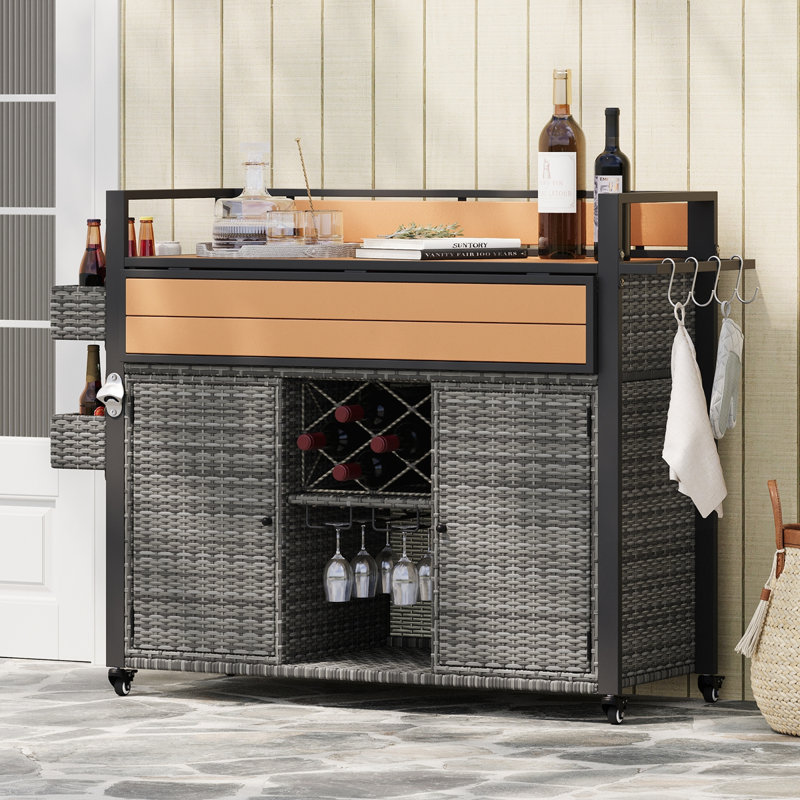 52.8"W Wicker Outdoor Grill Cart with Extended Plastic Wood Table Top, Grey