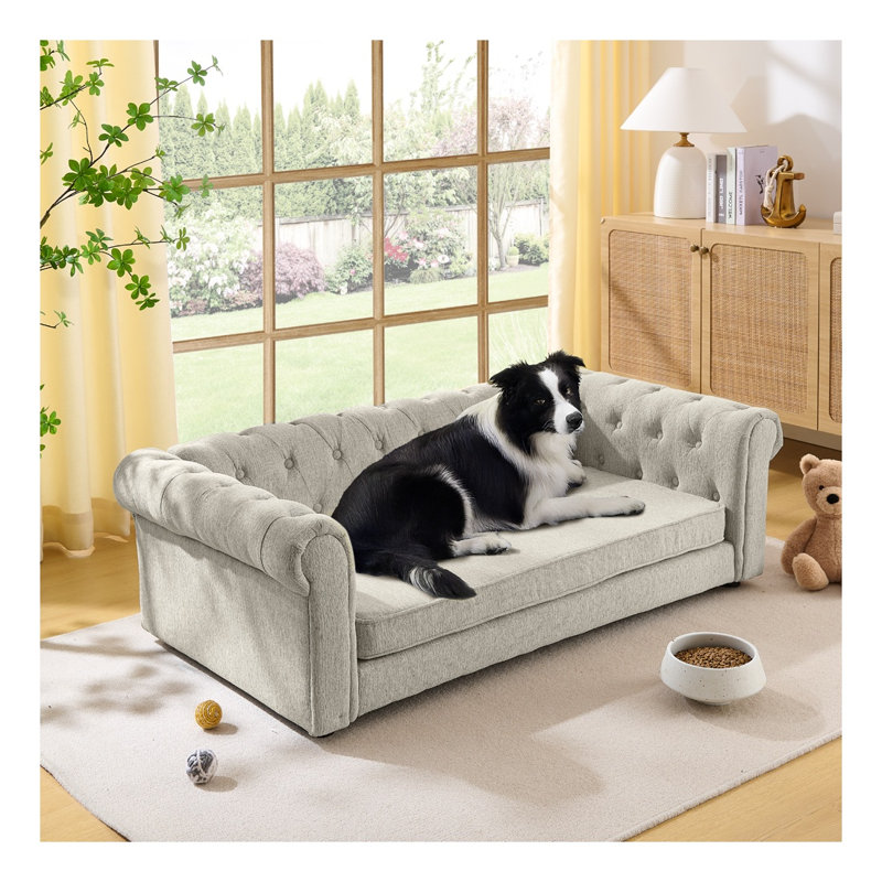 Elevated Dog Bed for Large Dogs - Oversized Linen Dog Sofa, Durable Elevated Pet Furniture with Comfortable Foam Padding, Modern Olive Green Design