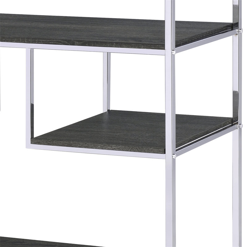 Bibliothèque Vonara en chêne gris rustique et finition chromée avec plusieurs compartiments pour un rangement efficace