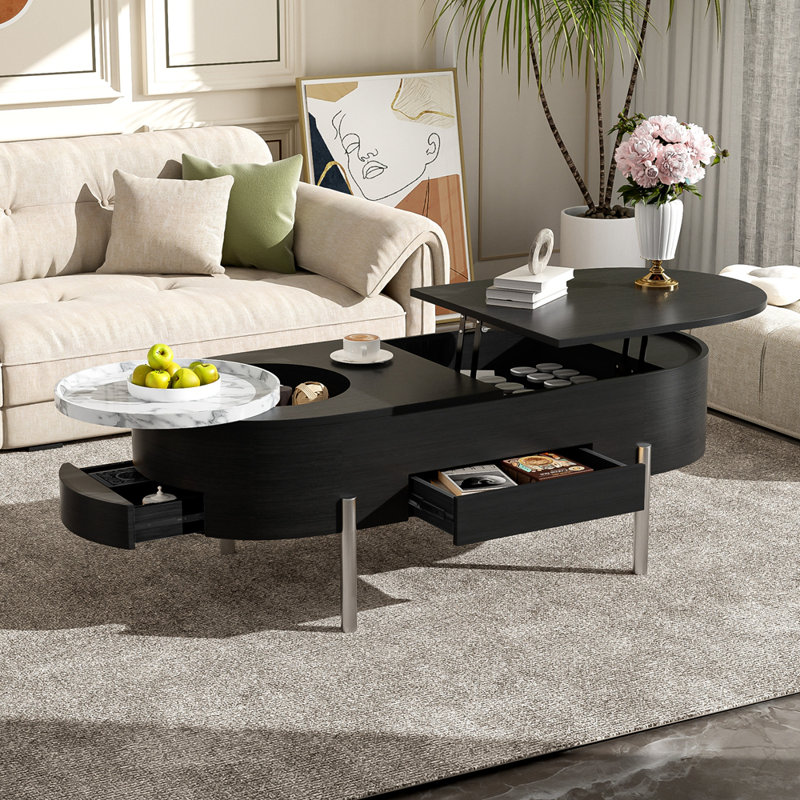 Table basse moderne à plateau relevable ovale avec plateau tournant à 360 degrés et compartiment de rangement caché pour le salon