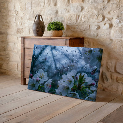 Canvas A Delicate Arrangement Of White Cherry Blossoms And Soft Pink Wall Art Buds Emerges Through A Misty Rain Soaked Glass Pane Canvas Wall Art