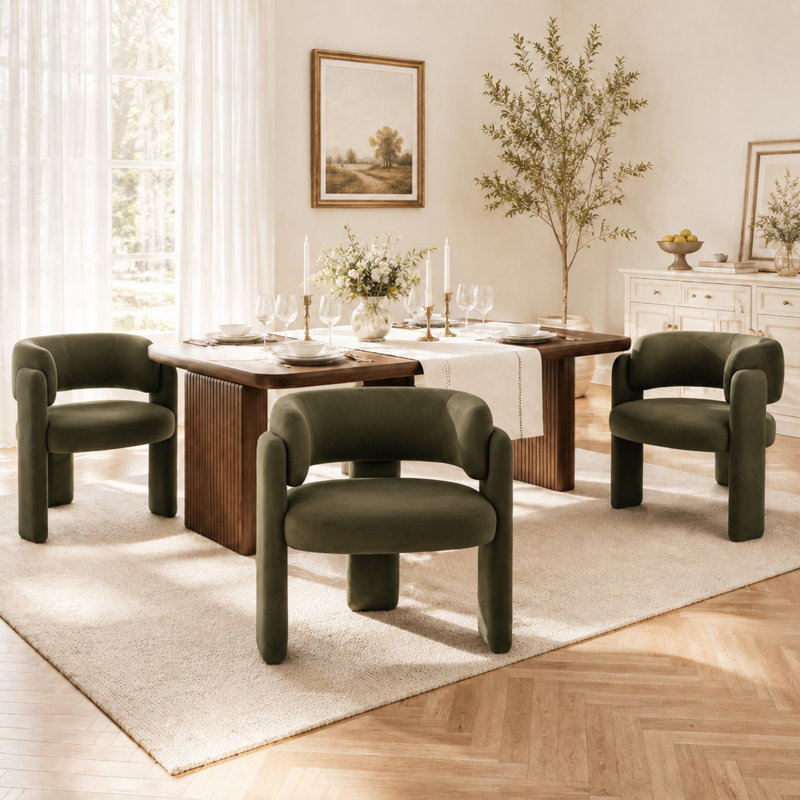 Modern Upholstered Barrel Dining Armchair, Green