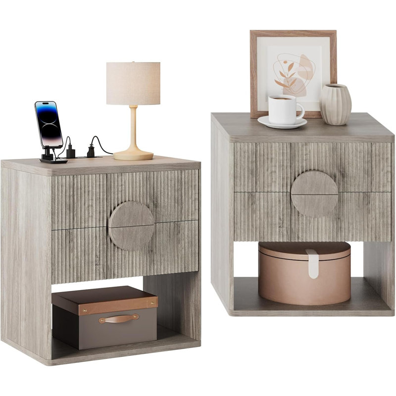 22.64" Wide Fluted Nightstand with USB Charging Station, 2 Drawers & Open Shelf, Curved Profile, Set of 2