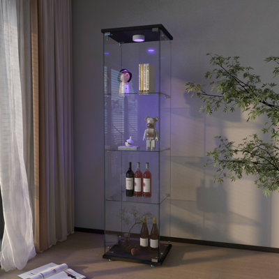 Modern Glass Display Cabinet With LED Lights, Quick-Assembly Antique Cabinet, Tempered Glass Bookshelf, Suitable For Living Room And Bedrooms, 1-Door 4-Shelf, Black, Sideboard