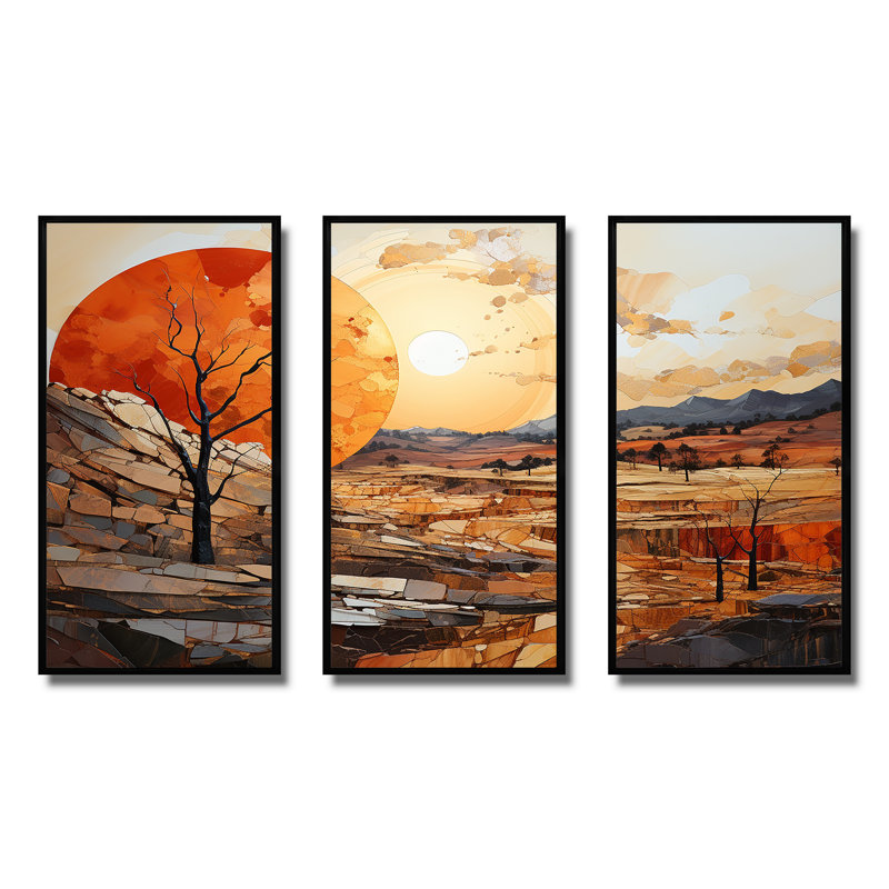 Orange Sunset, paysage abstrait, art mural Meadow - Paysage abstrait, Cadre flottant noir, H 28 po x l 36 po x P 1 po