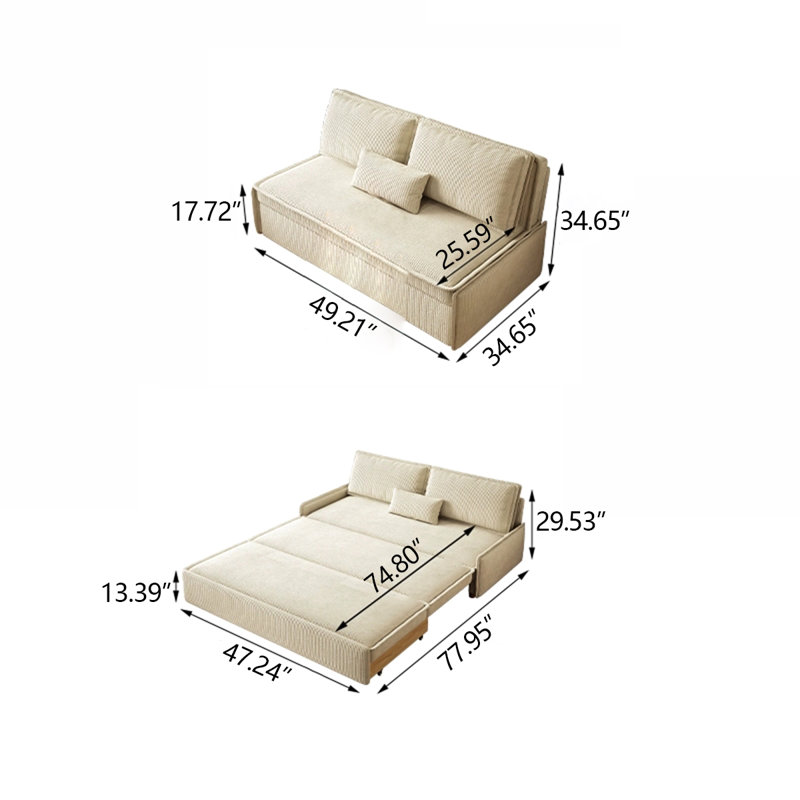 Canapé-lit beige moderne en velours côtelé minimaliste avec coussins, H 34,65 po x l 49,21 po x P 34,65 po