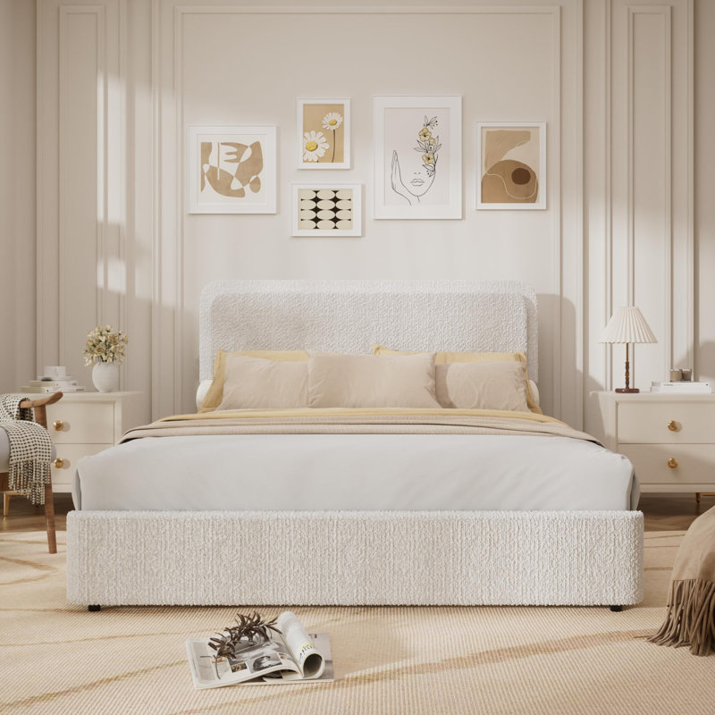 Bed Frame, Boucle Upholstered Bed Frame With Headboard, 2 Storage Drawers, Lit double