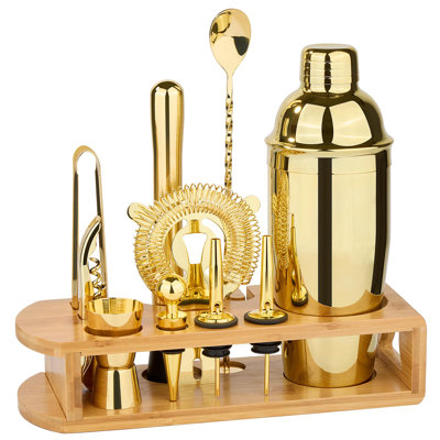 Cocktail Shaker Set Bartender Kit : 12-Piece Bar Tool Set With Bamboo Stand | Bars Set With All Practical Bar Accessories, For Drink Mixing, Bar, Home, Lounge & Party (Gold)