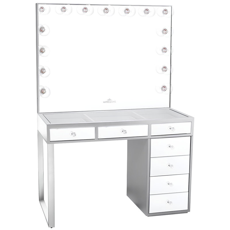 Table de coiffeuse Mini Slay Station Kylie 1.0 avec ensemble de miroirs de coiffeuse, plateau en verre transparent 