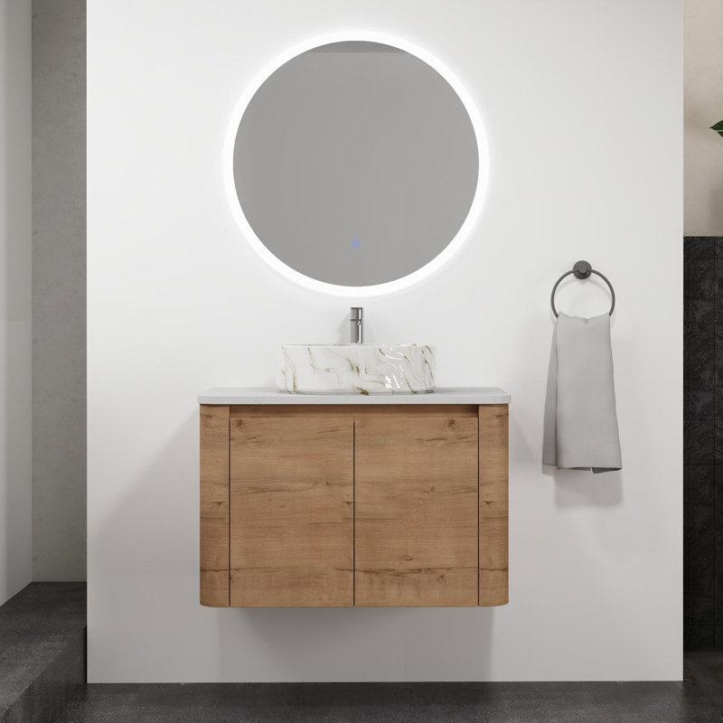 Meuble-lavabo mural de 30 po avec dalle de pierre blanche et vasque en céramique artistique, portes à fermeture en douceur, finition chêne, armoire de contreplaqué moderne
