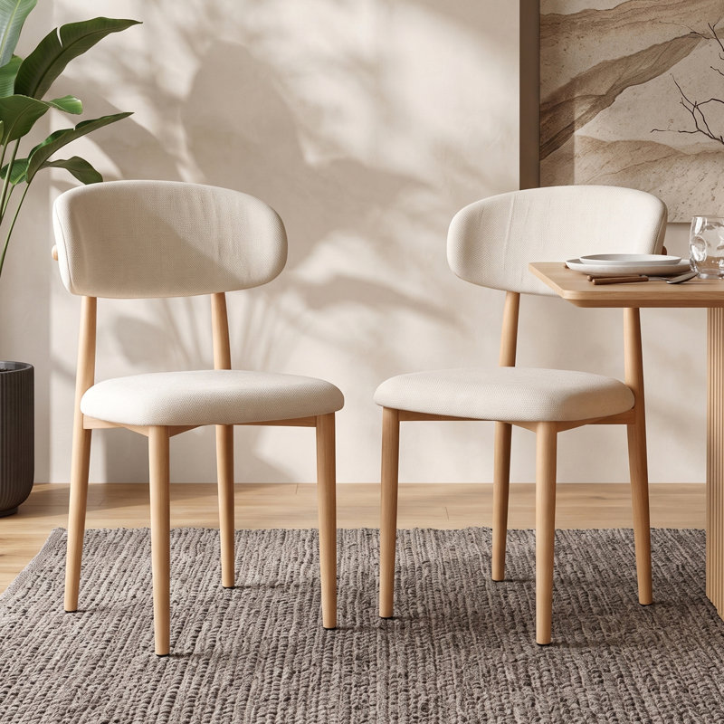 Ensemble de 2 chaises de salle à manger en lin beige avec pieds en métal et finition noyer, Bois naturel