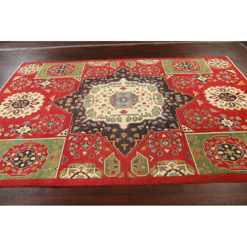 Tapis rouge / vert en laine noué à la main de conception unique 6 pi 5 po x 9 pi 9 po New Age
