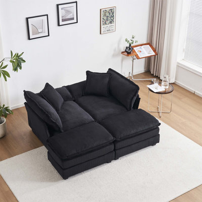 Corduroy 2-Seater Sofa with Back and Toss Pillows, Two Ottomans for Ultimate Comfort in Living Rooms, Black