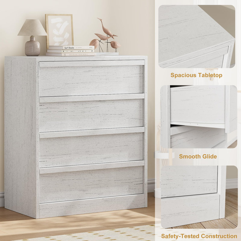 Commode 4 tiroirs, armoire de rangement spacieuse et table de chevet polyvalente pour le salon, la chambre de bébé ou le vestibule - blanc