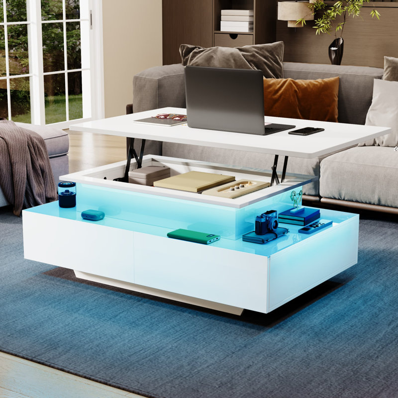  Rectangular LED Lift Top Coffee Table With 4 Drawers & Hidden Compartment, White