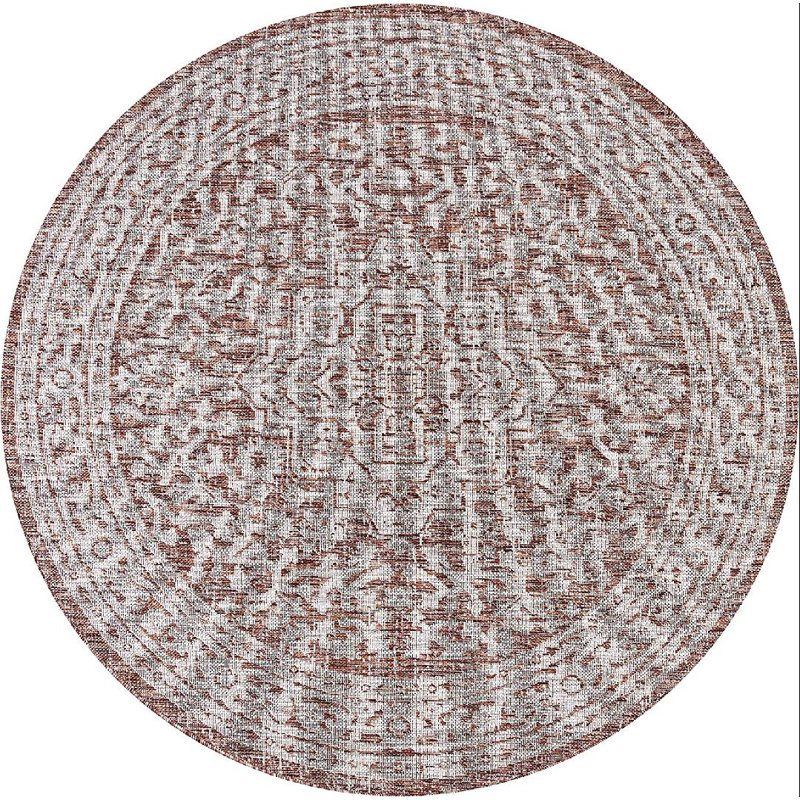 Moten Medallion Textured Weave Red/Taupe Indoor/Outdoor Rug, Round 5'3"