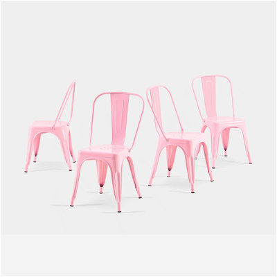 Ensemble de 4 chaises de salle à manger industrielles en métal rose ultrabrillant à hauteur d'assise de 18 pouces à l'intérieur et à l'extérieur, surface légère et facile à nettoyer, assemblage facile, conception moderne et durable, pour bar de cuisine