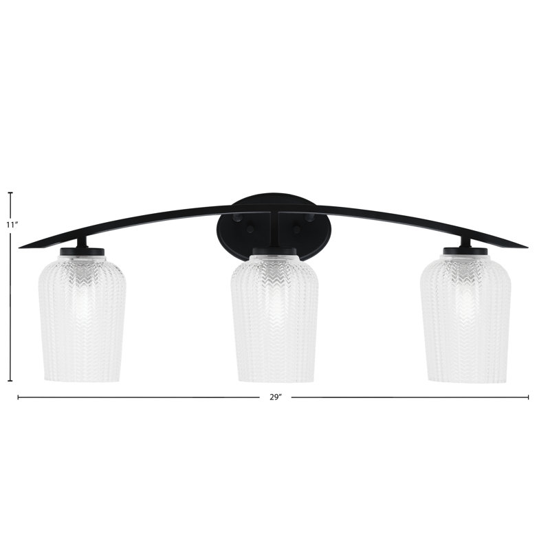 Kurve 3 Light Bath Bar With 5" Textured Glass, Matte Black, Clear