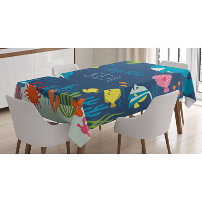 Caricature de nappe, graphique sous-marin avec algues, récifs coralliens, tortues, poissons, vie, couverture de table rectangulaire pour décor de cuisine de salle à manger, 52 po x 70 po, multicolore