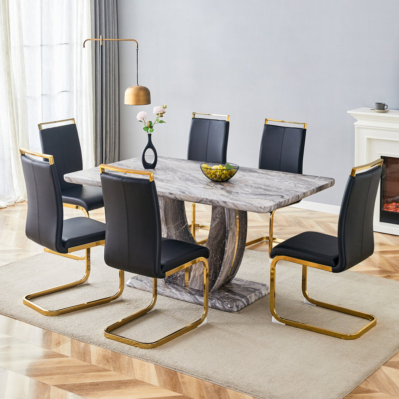 Ensemble de table de salle à manger moderne 63 po avec chaises en cuir de polyuréthane, base en panneau de fibres à densité moyenne en U